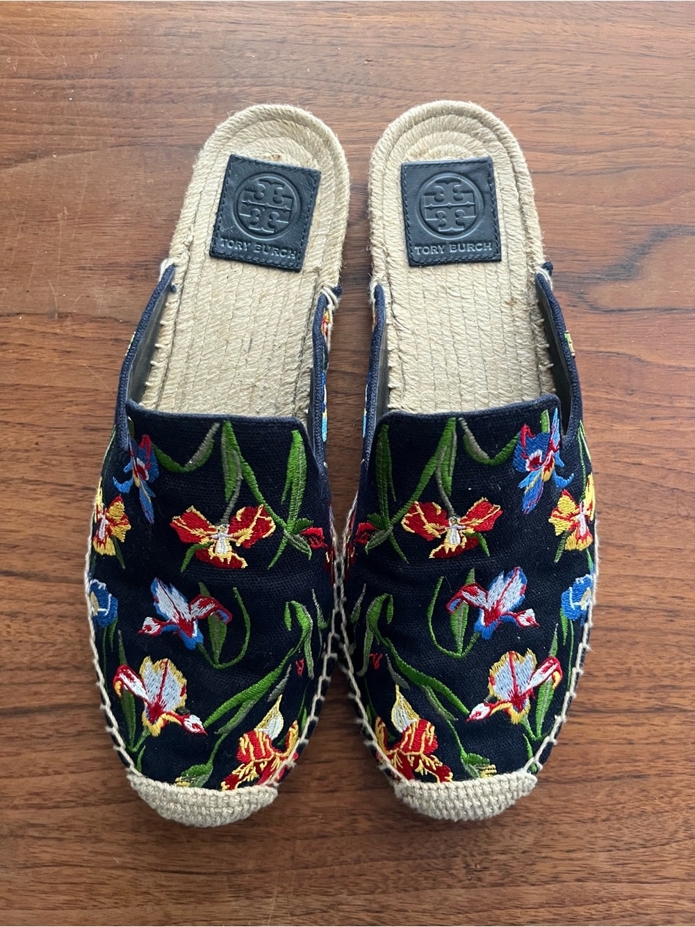 Tory Burch Navy Iris Floral Embroidered Espadrille Slides